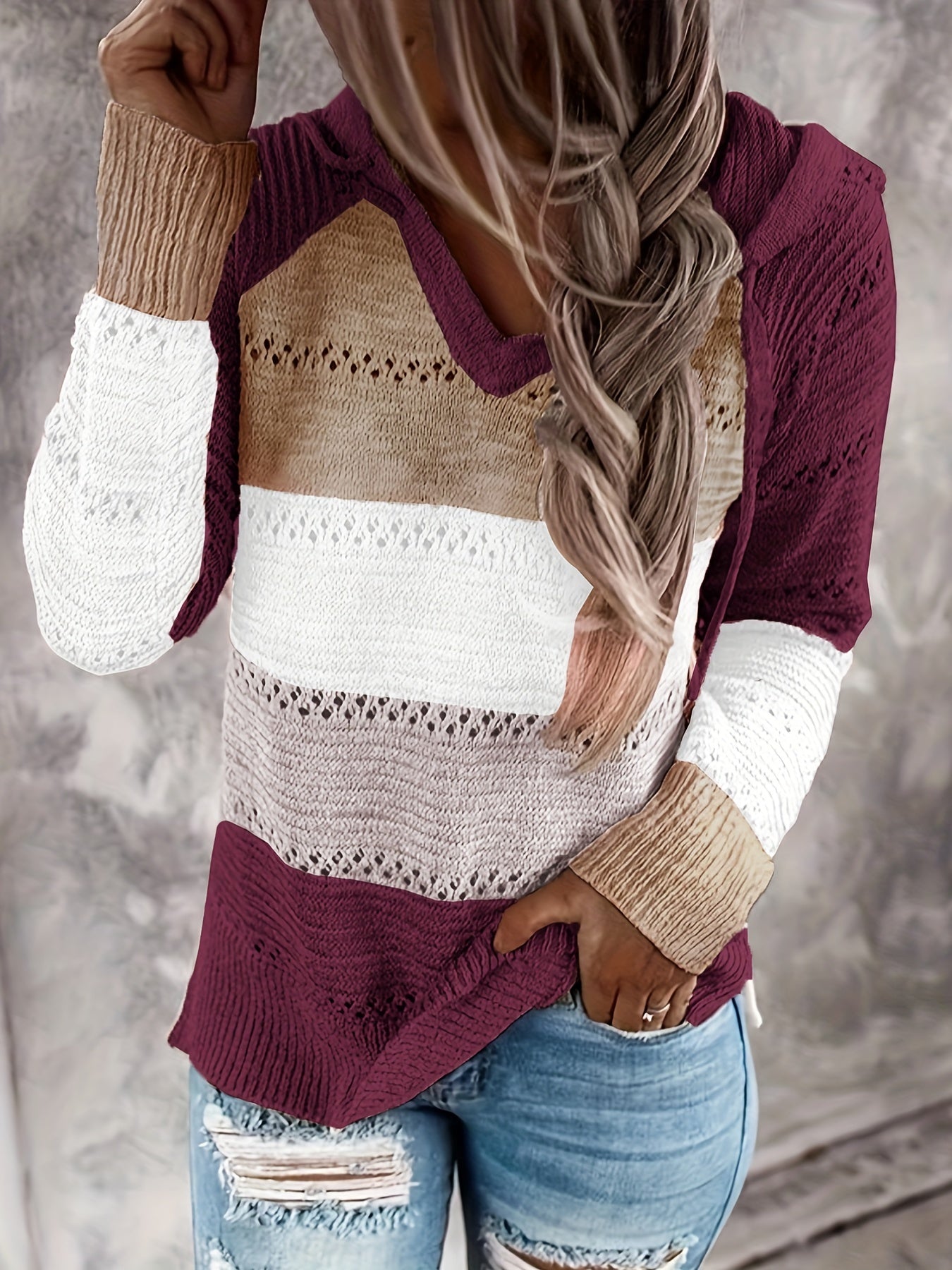 Women's Vacation-Ready Color Block Hooded Knit Sweater
