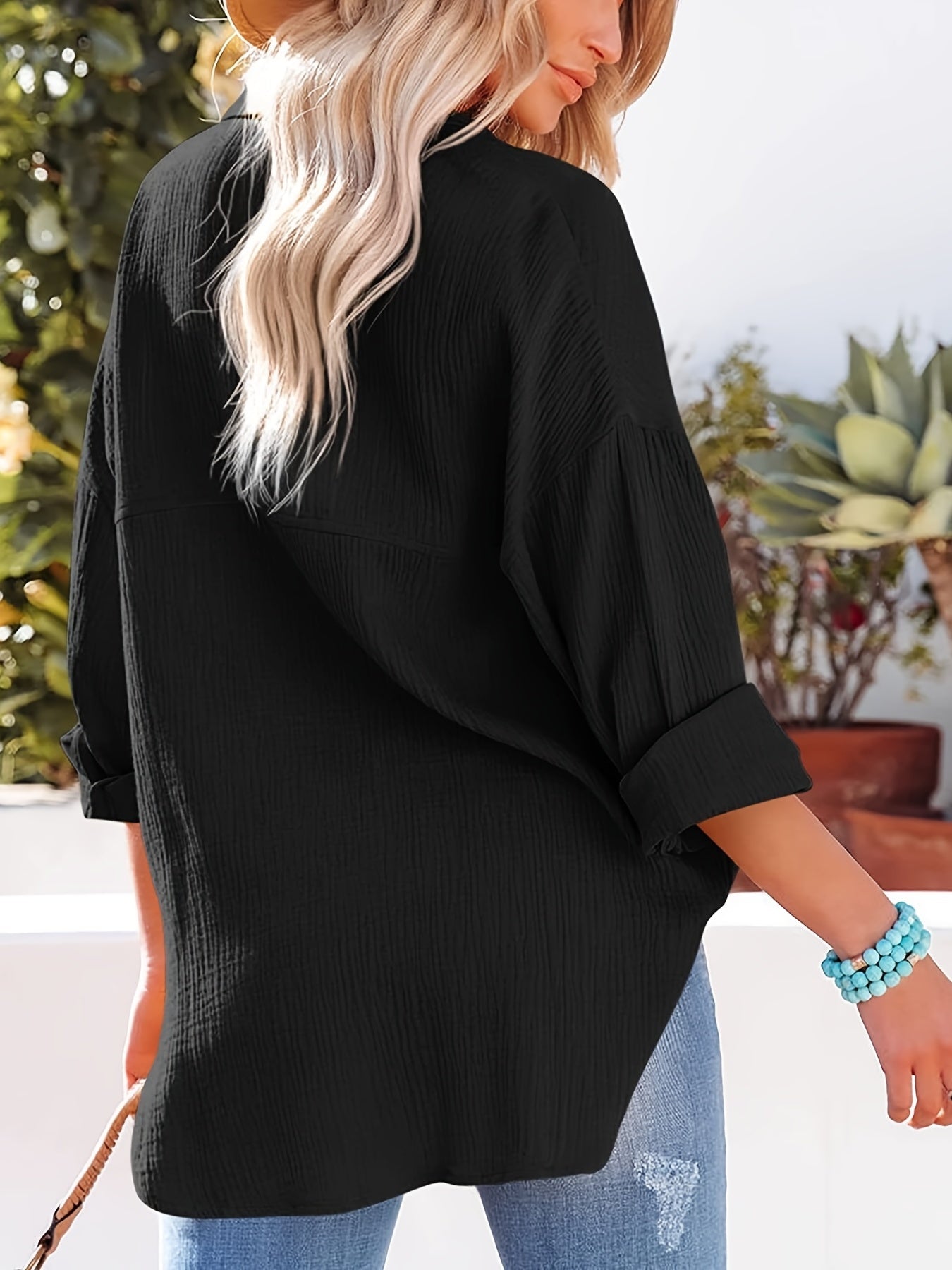 V-neck Loose Lapel Blouses, Casual Pocket Button Down Long Sleeve Fashion Shirts Tops