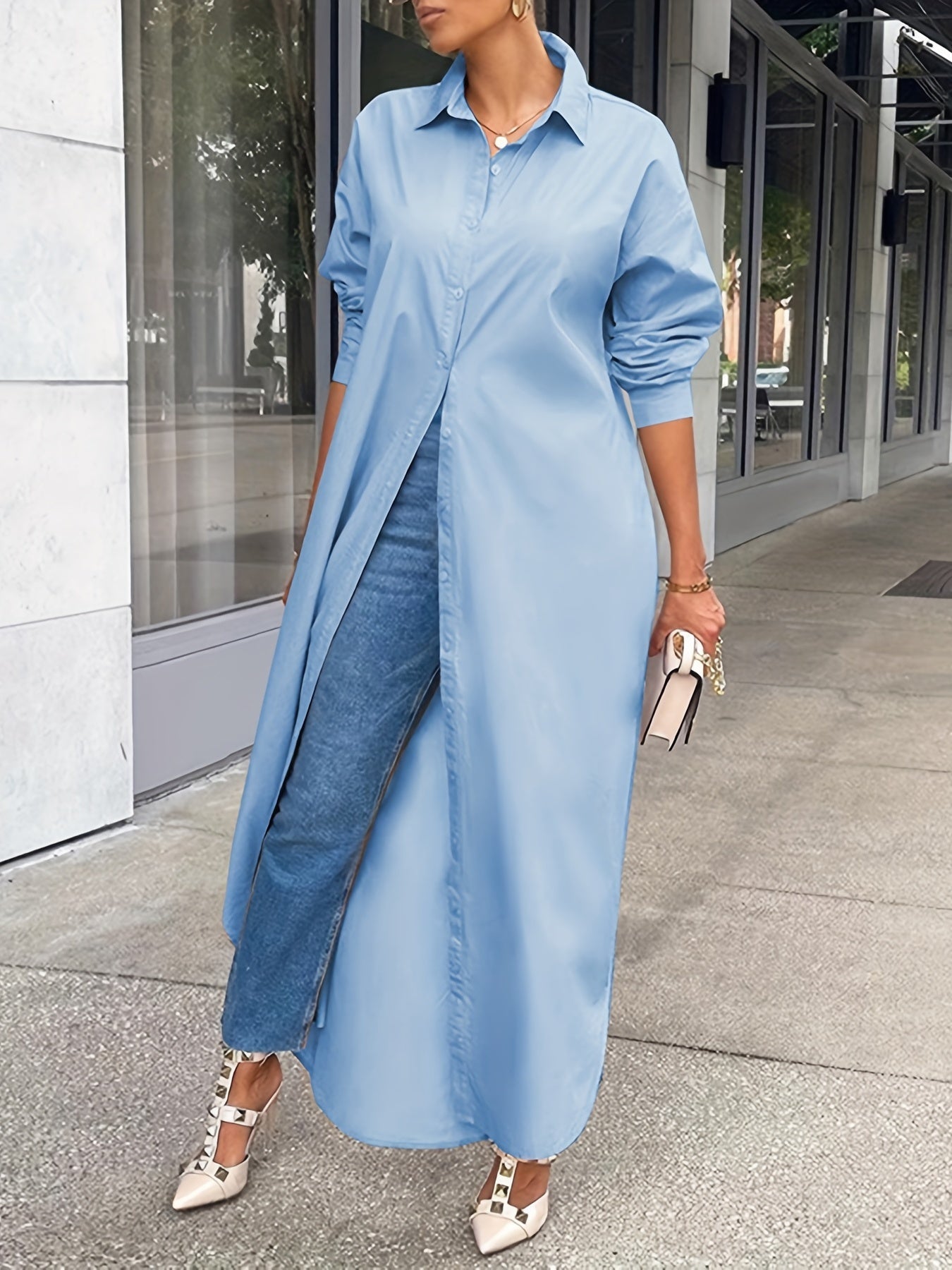 Longline Button Front Shirt, Casual Long Sleeve Shirt
