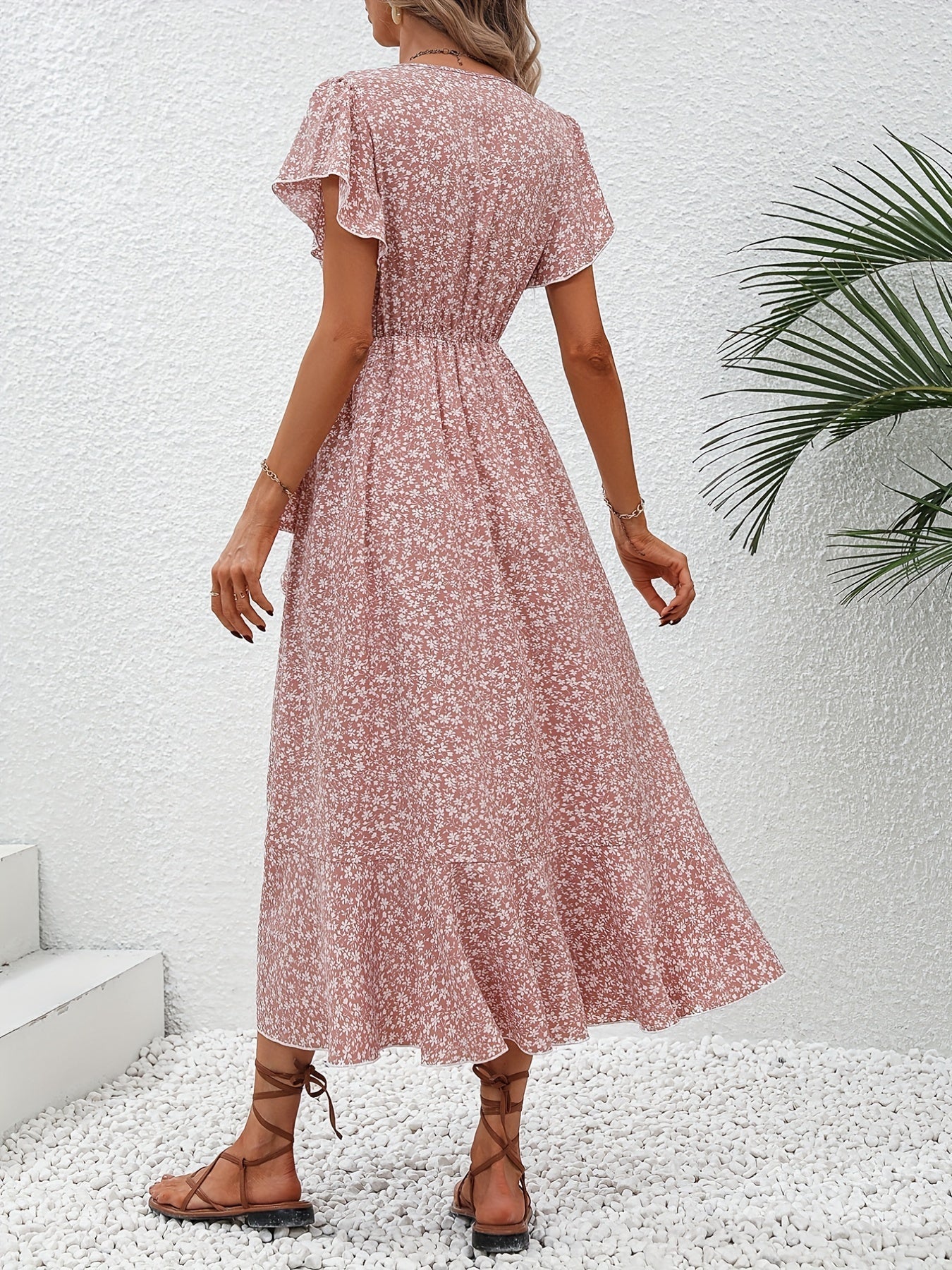Women's Floral Print Surplice Dress with Flutter Sleeves and Ruffle Hem