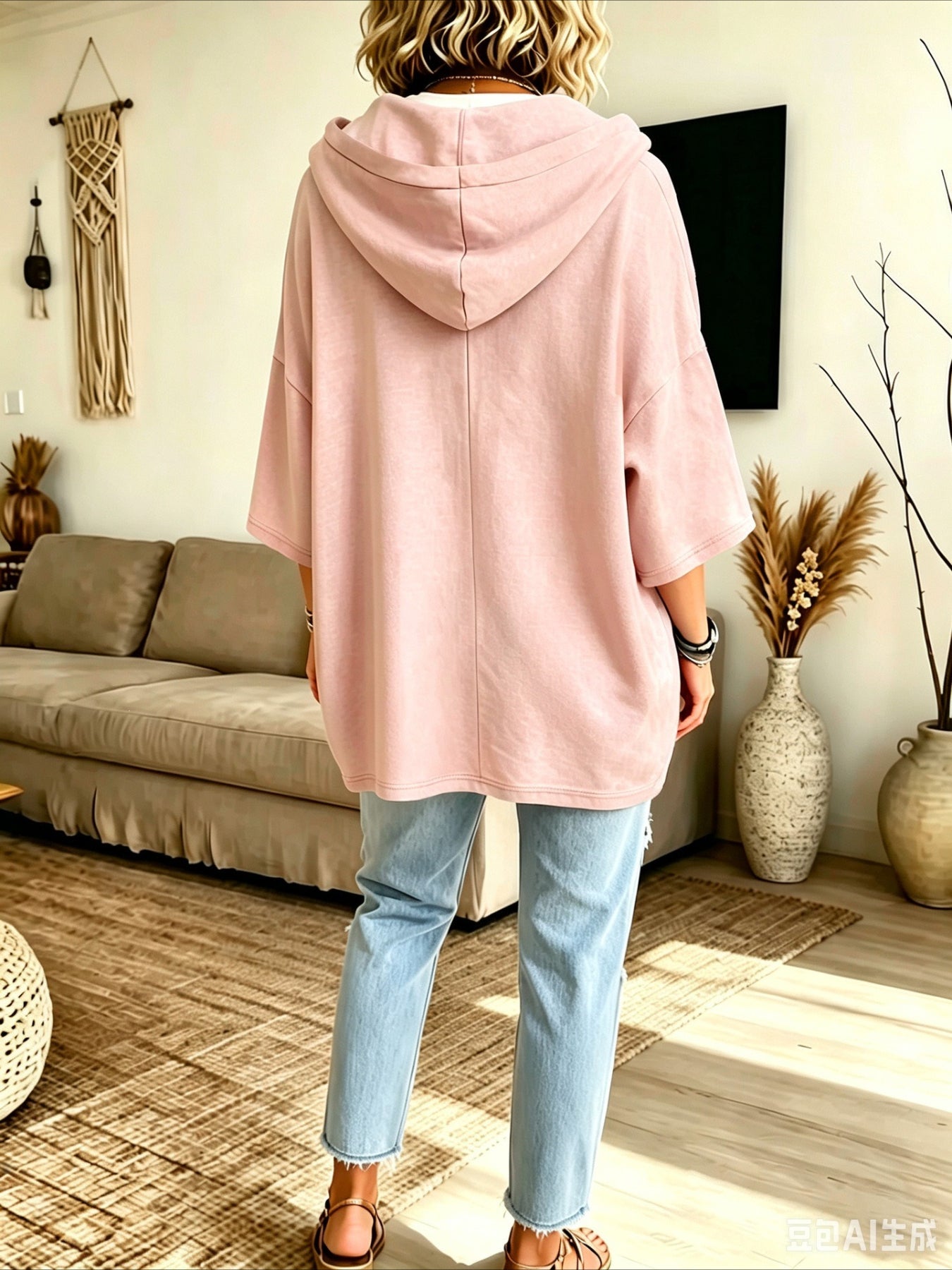 Seven-quarter Sleeves Solid Color Casual Hooded Sweatshirt