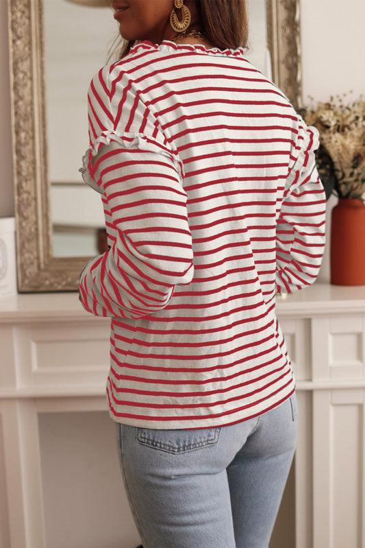 Red Striped Print Ruffled Buttoned Long Sleeve Top