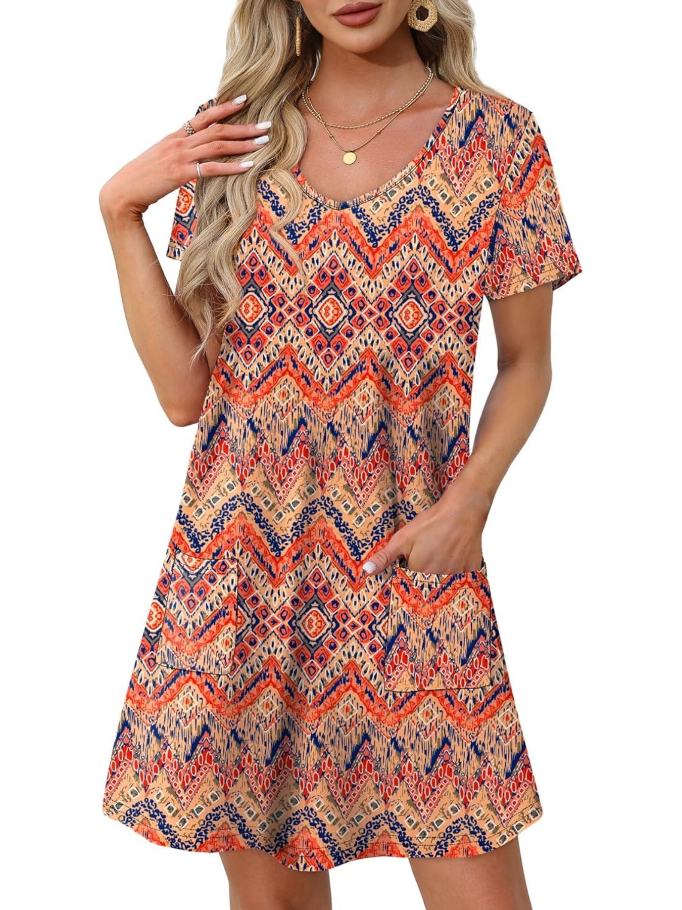 Loose V Neck Short Sleeve Casual T Shirt Dress