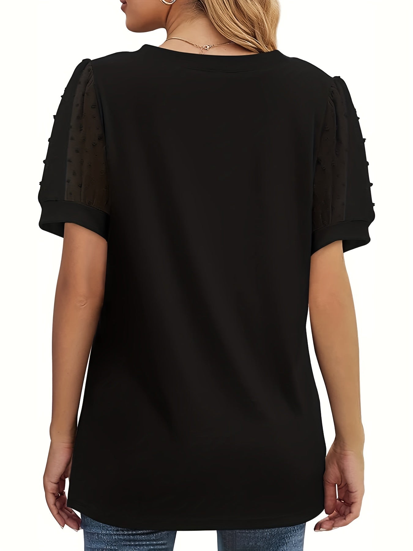 Swiss Dot Mesh V Neck T-Shirt, Casual Short Sleeve T-Shirt
