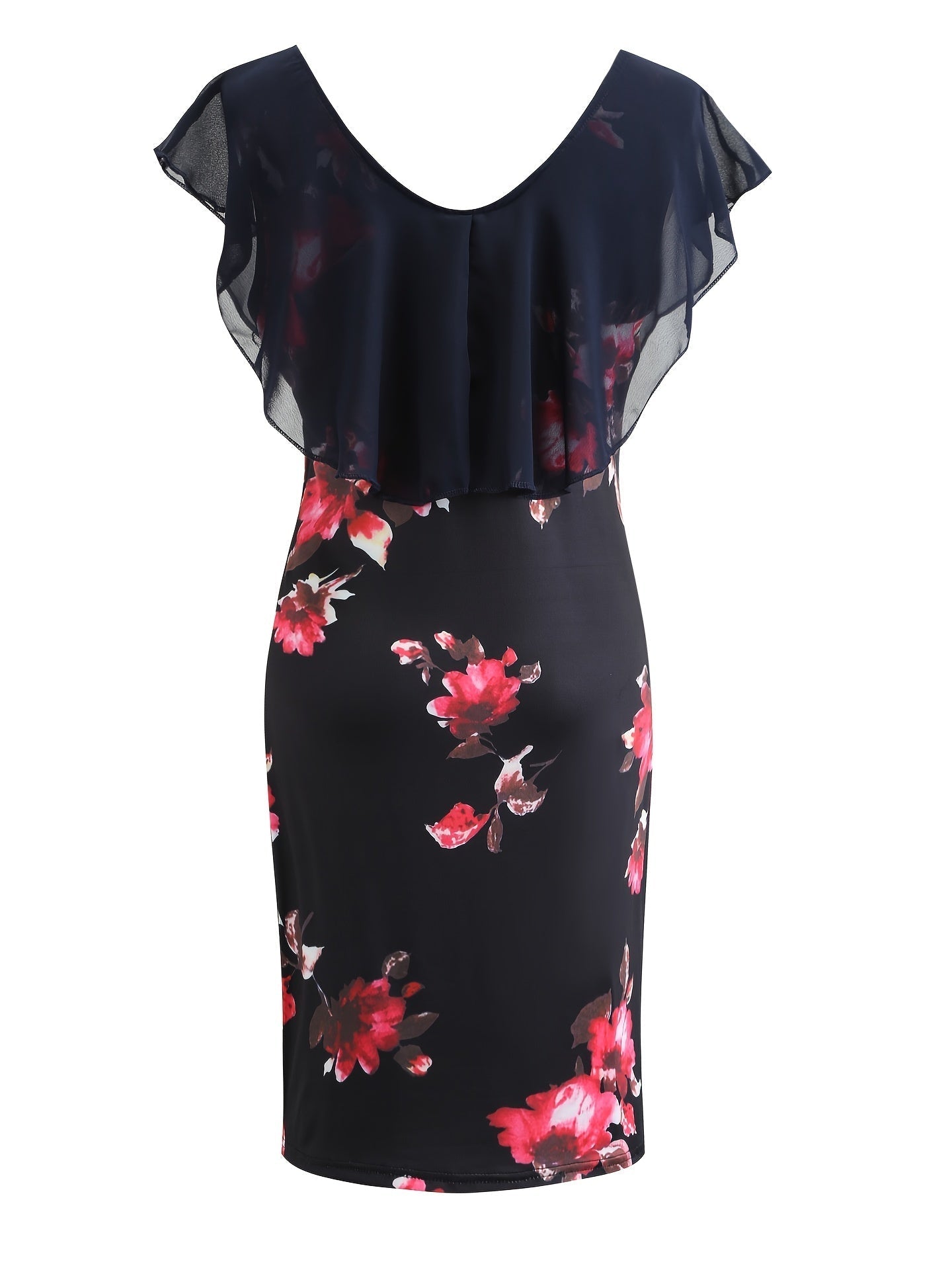 Floral Print Ruffle Trim Dress, Casual Beach Summer Short Sleeve Scoop Neck Bodycon Mini Dress