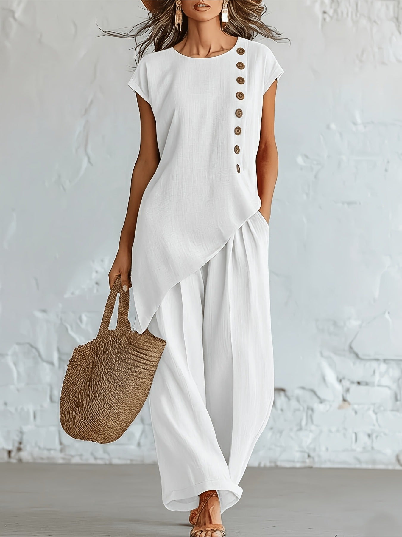 2pcs Set Button Detail Asymmetrical Hem Top & Wide Leg Pants Outfit