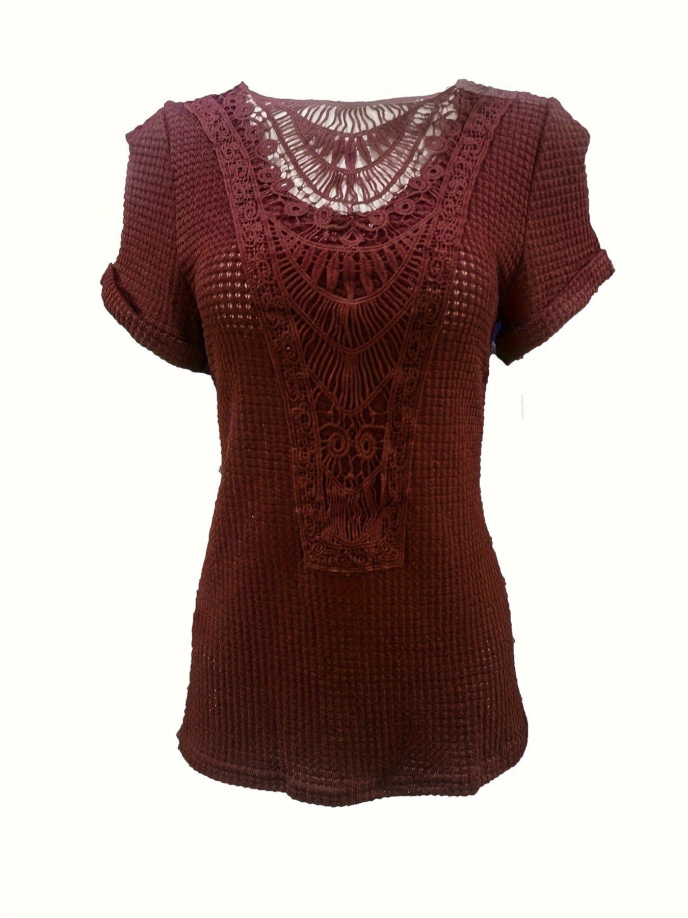 Contrast Lace Crew Neck T-Shirt, Casual Short Sleeve T-Shirt