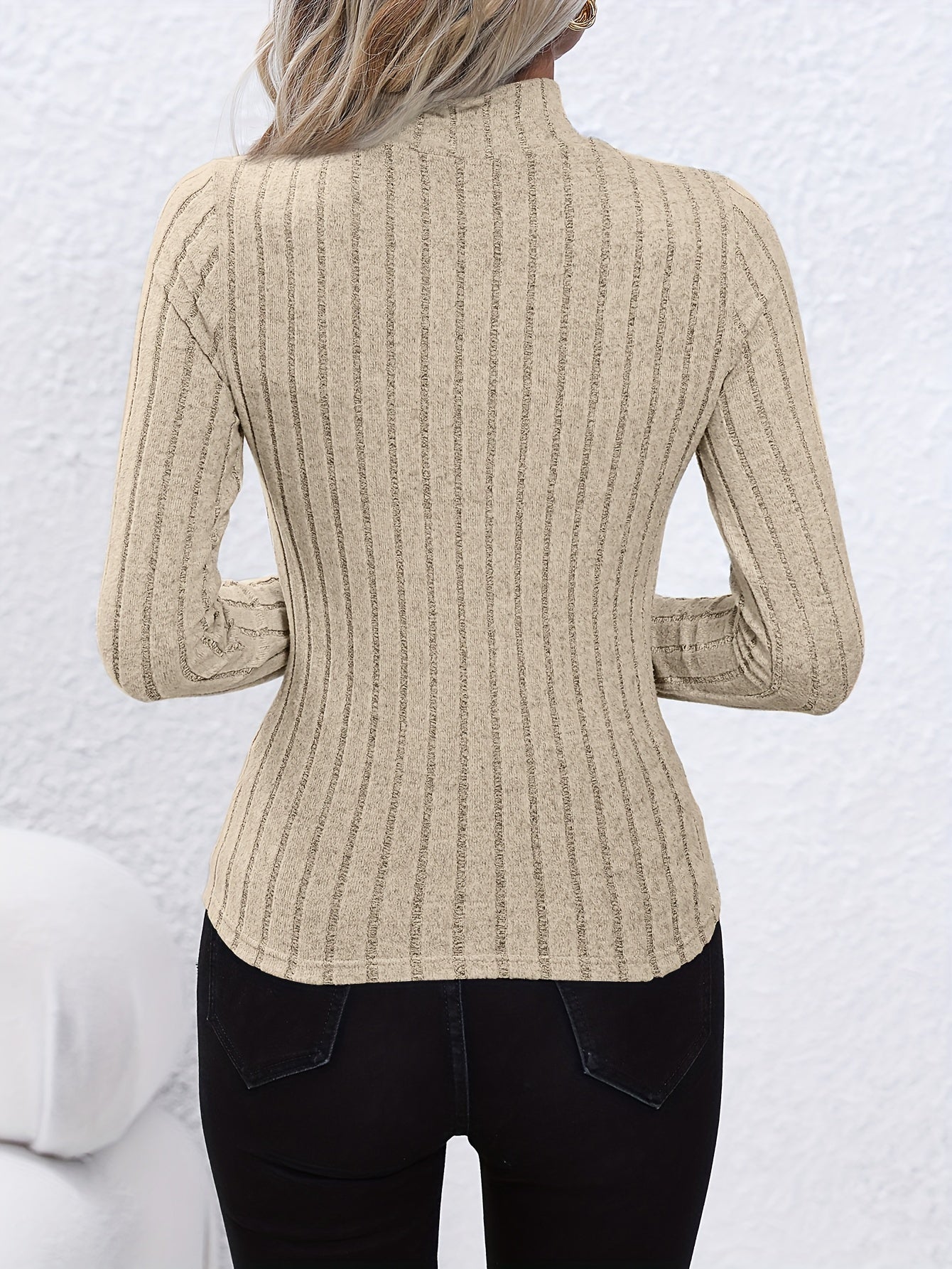 Solid Ribbed Mock Neck Pullover Sweater, Elegant Long Sleeve Sweater