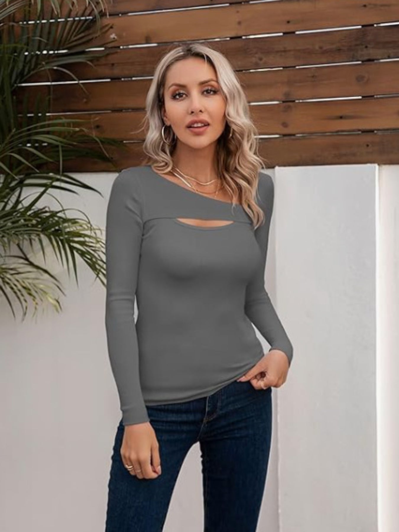 Cutout Slim Asymmetrical Neck T-Shirt, Casual Long Sleeve Top