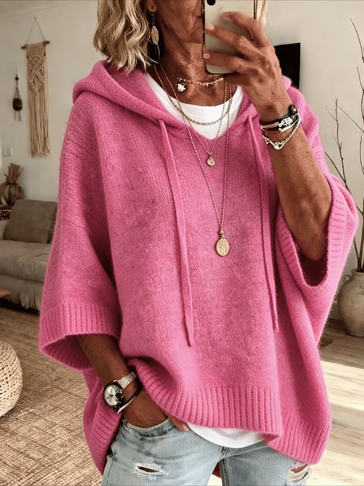 Solid Color Casual Hooded Batwing Sleeve Knit Sweater