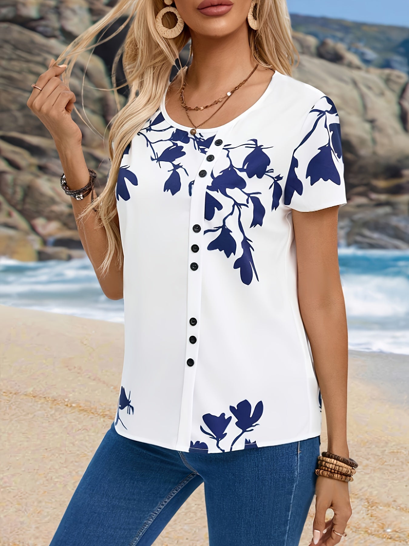 Floral Print Button Front Blouse, Casual Crew Neck Short Sleeve Blouse