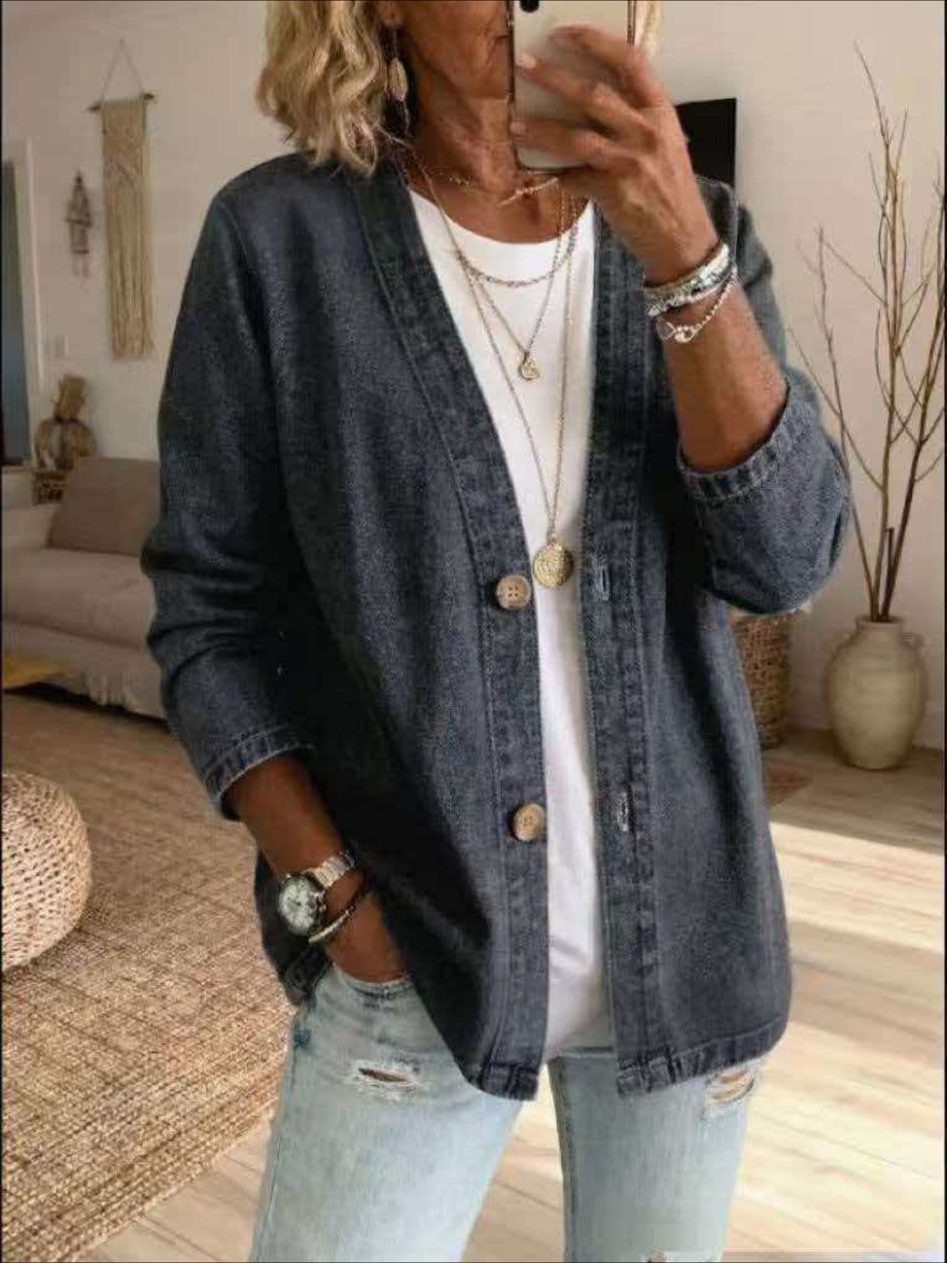 Long Sleeve Casual V Neck Denim Cardigan Jacket