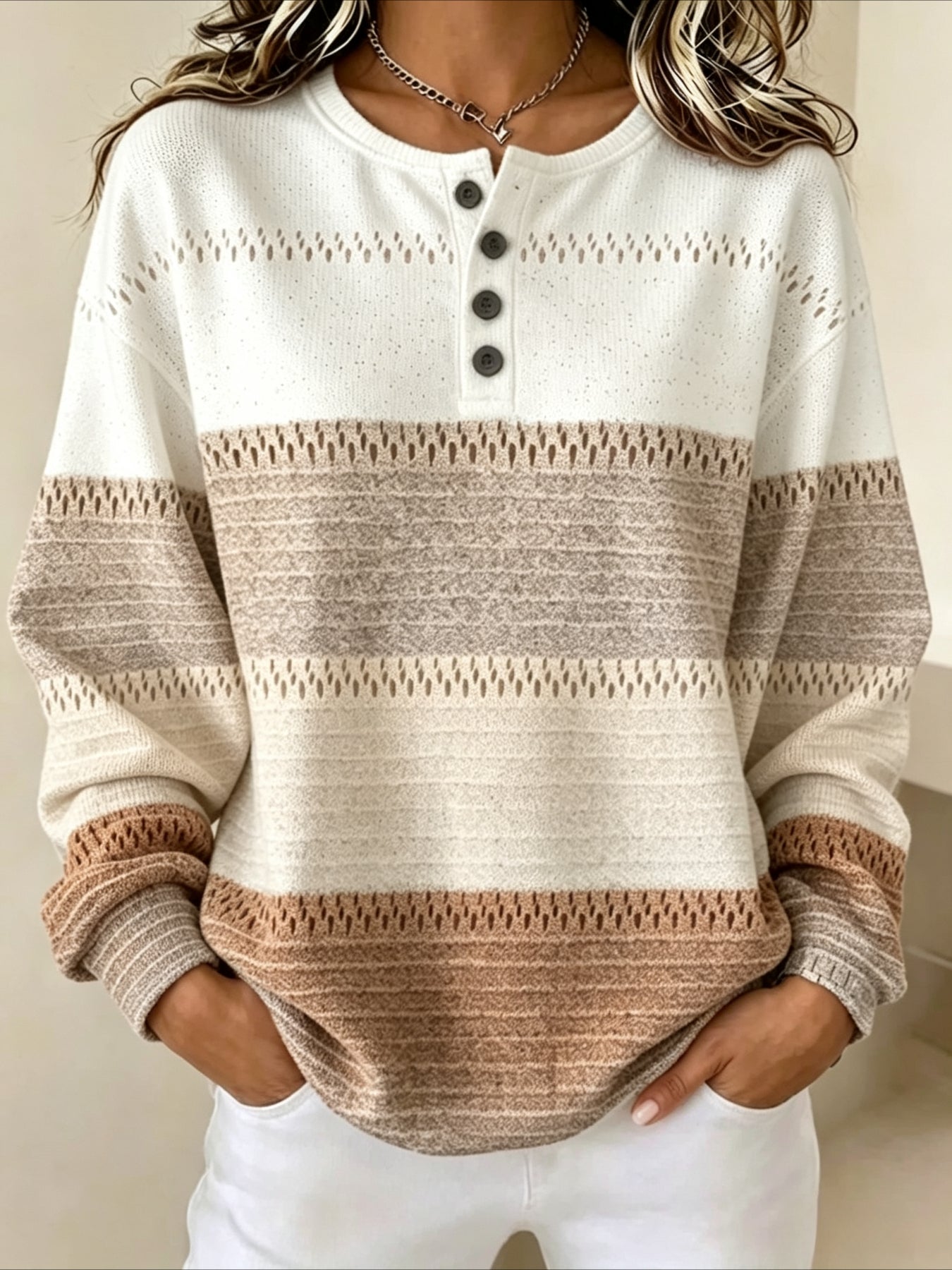 Pullover Loose 4 Button Minimalist Geometric Top
