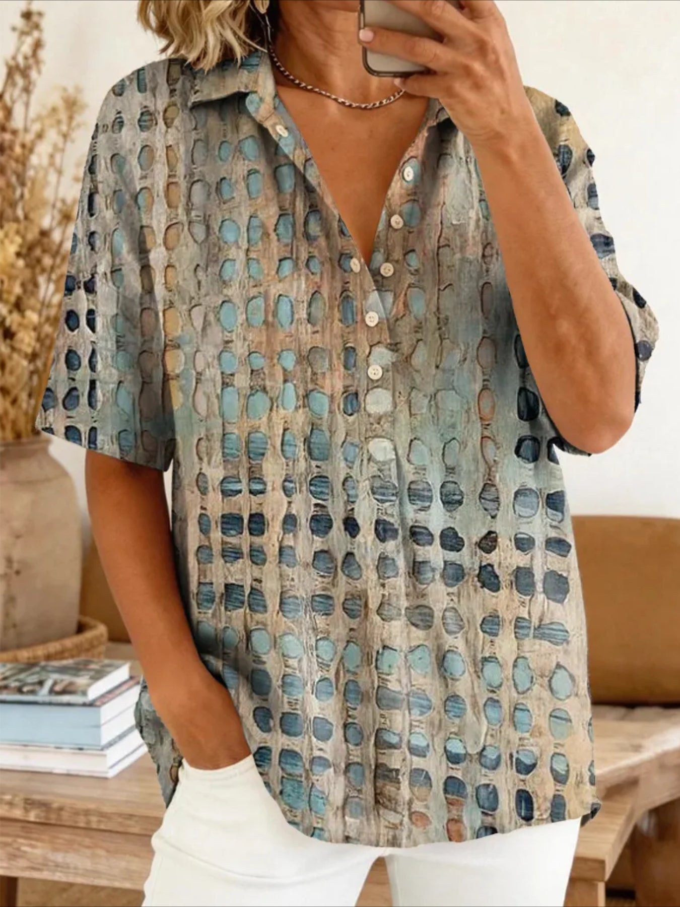 Print Lapel Short Sleeve Abstract Printing Shirt