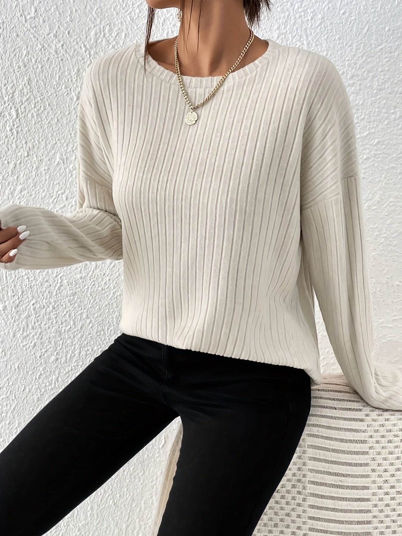 Ribbed Crew Neck T-Shirt, Casual Long Sleeve Top