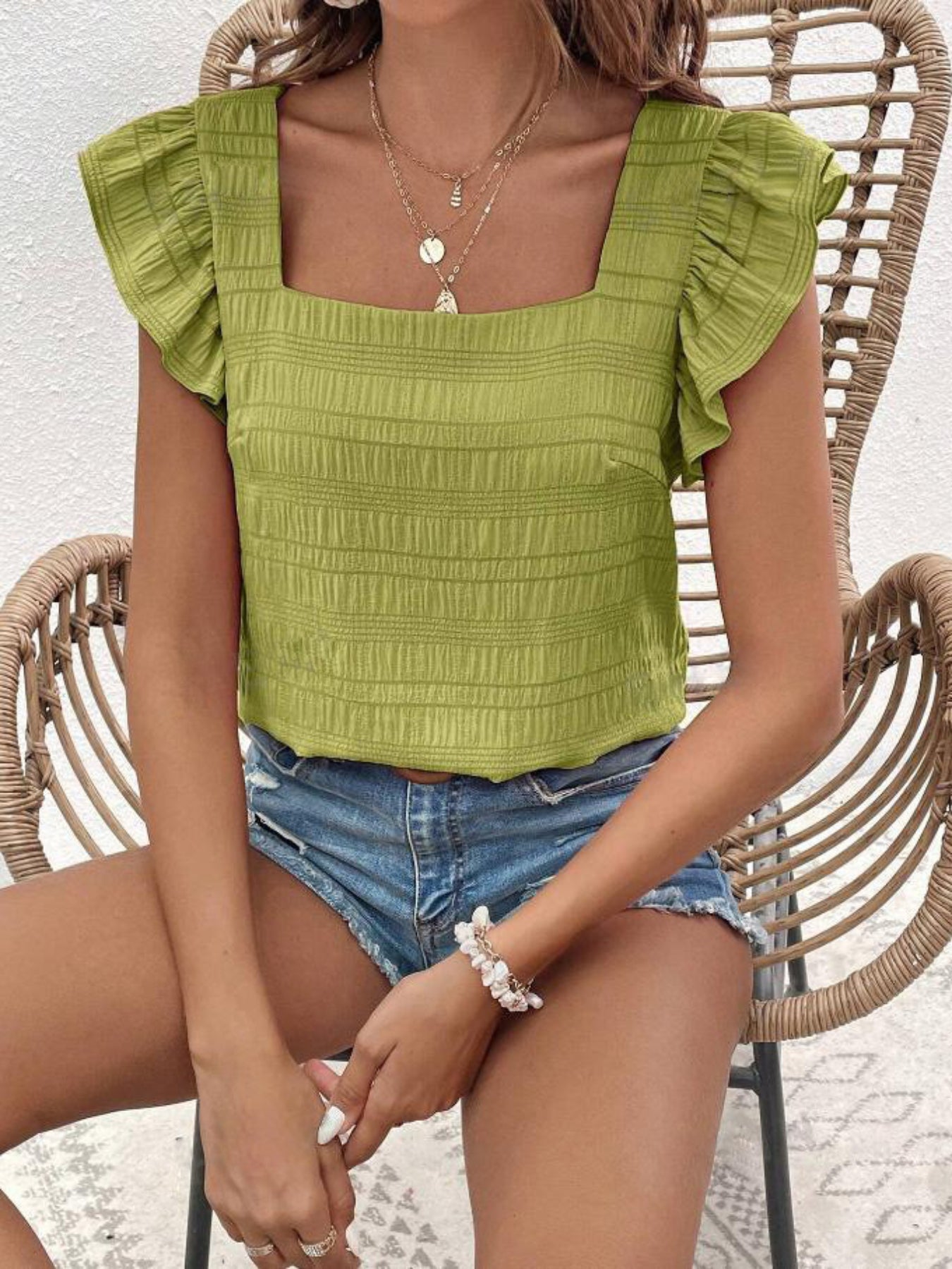 Ruffle Trim Solid Blouse, Elegant Squared Neck Versatile Blouse