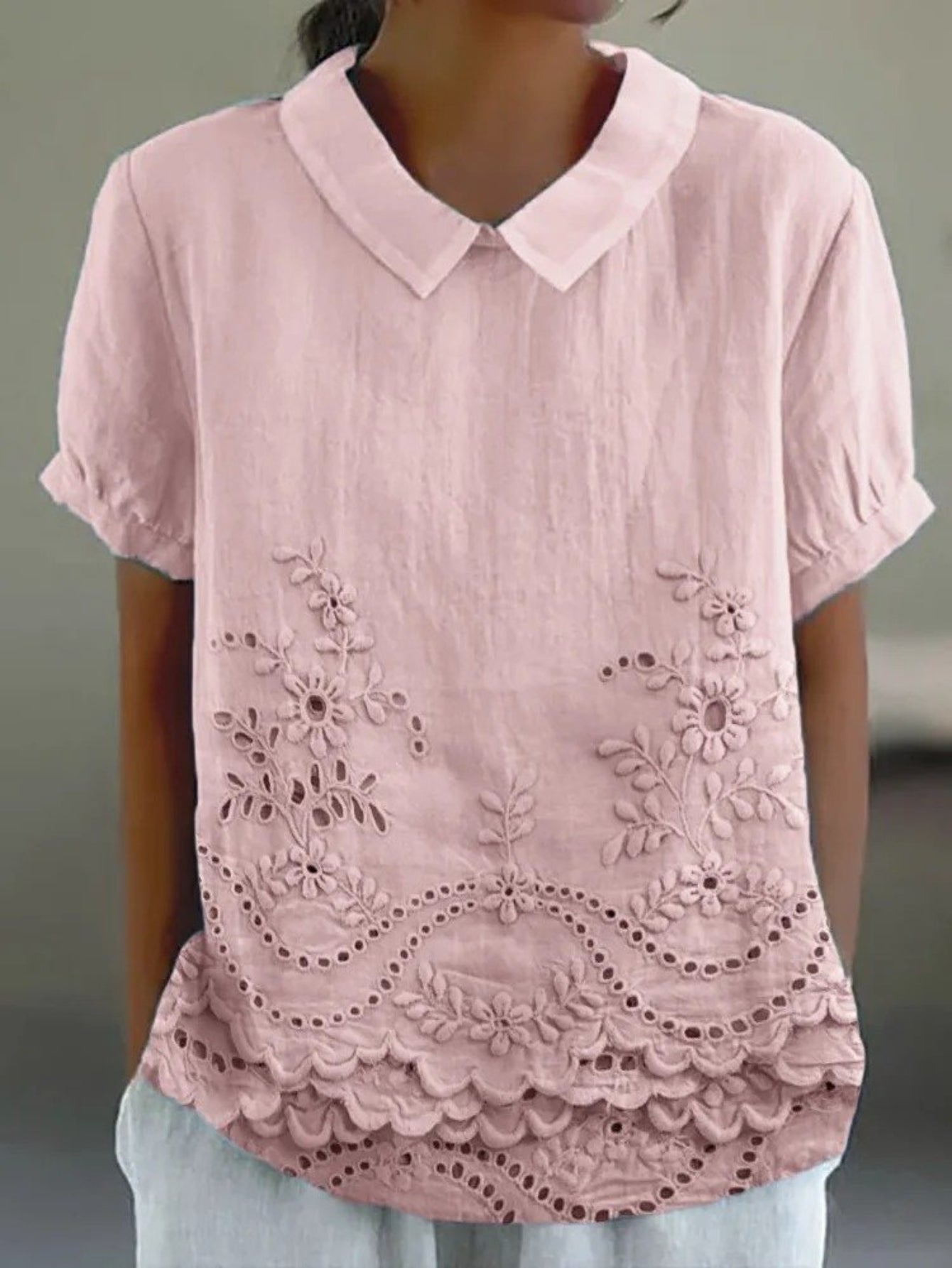 Plain Half Sleeve Blouse Summer Shawl Collar Daily Casual Top