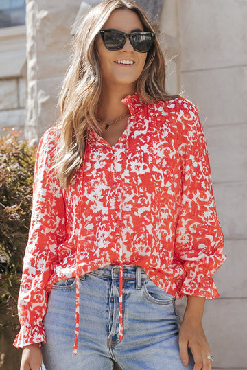 Fiery Red Floral Ruffled Notched V-Neck Blouse