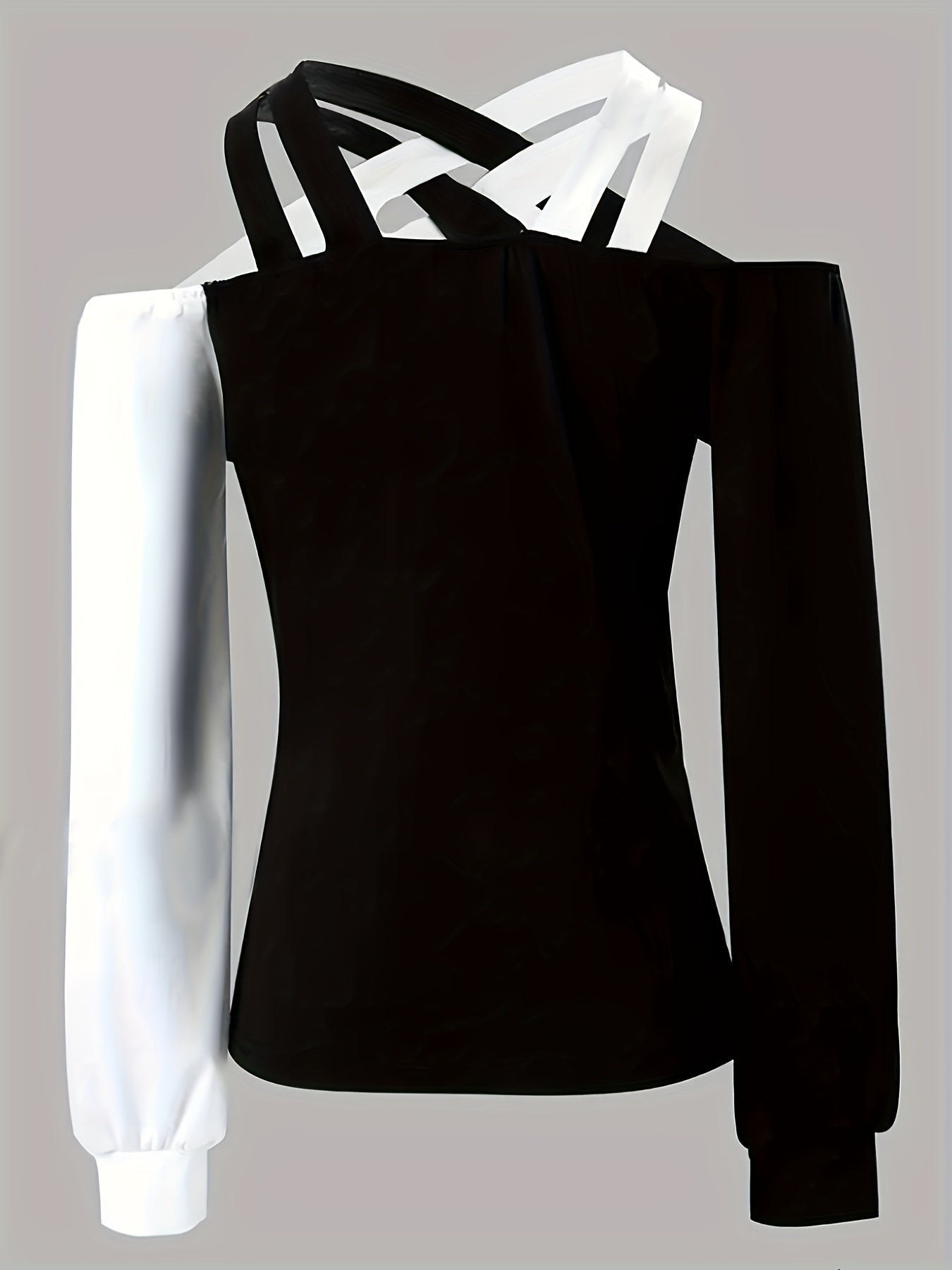 Colorblock Cross Front Keyhole T-Shirt, Casual Cold Shoulder Long Sleeve Top