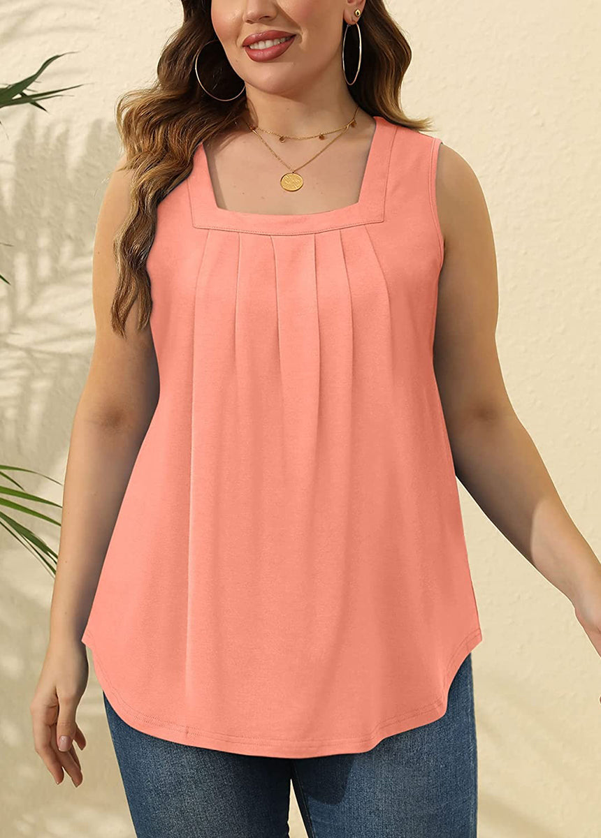 Pleated Square Neck Printed Sleeveless Vest Top