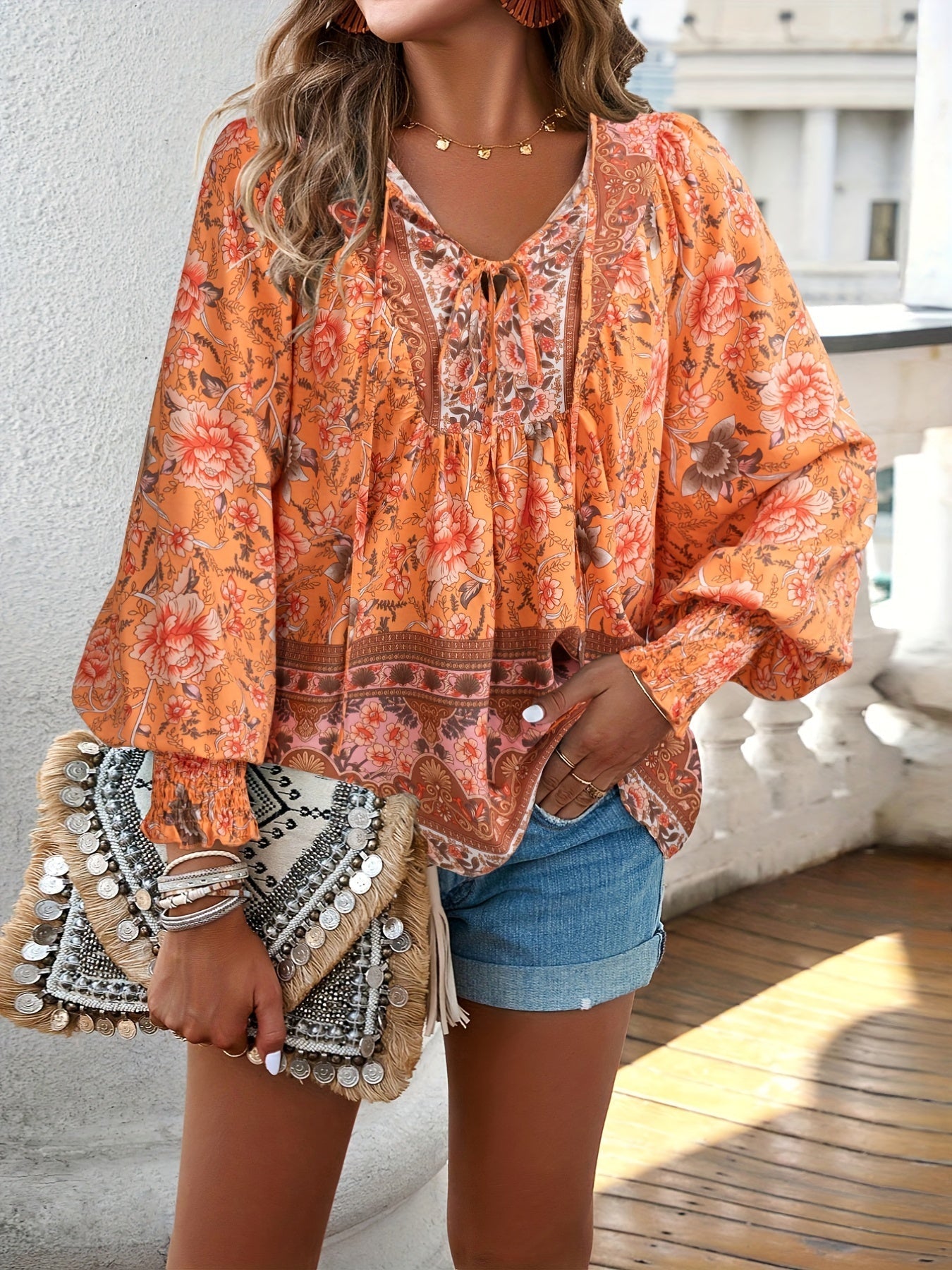 Drawstring Long Sleeve Casual Floral Print V Neck Blouse