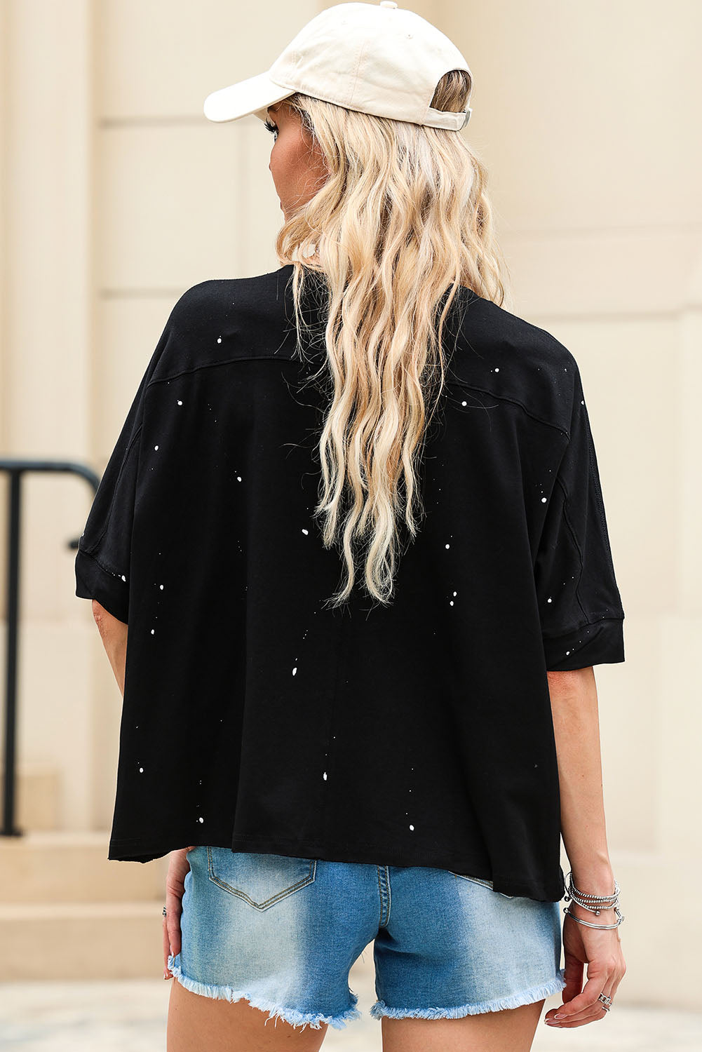 Black Distressed Bleached Asymmetric Hem Short Sleeve Top