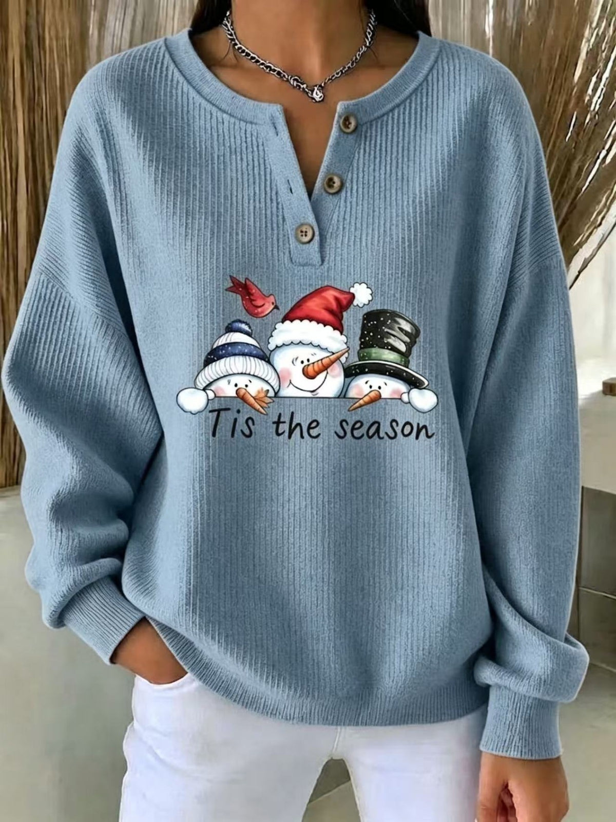 Christmas Themed Snowman Graphic Ribbed Henley Sweatshirt