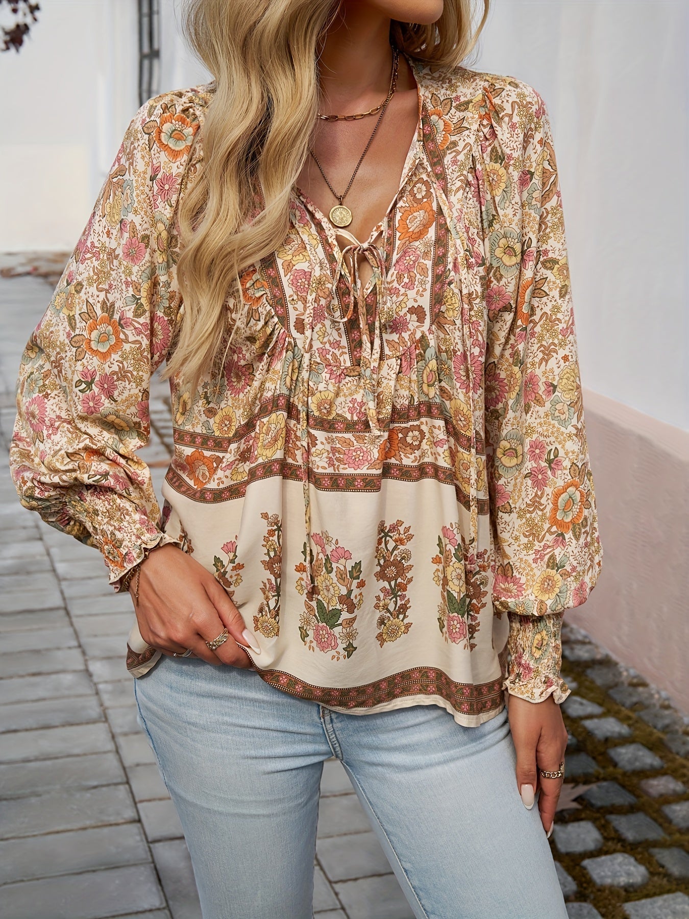 Drawstring Long Sleeve Casual Floral Print V Neck Blouse