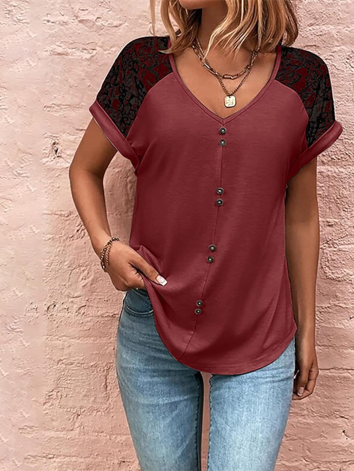 V Neck Lace Sleeve Button Design Loose Fit Soft Simple T-Shirt