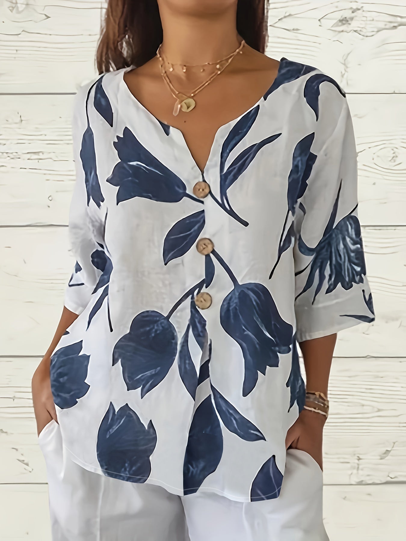 Floral Print Button Decor Blouse, Casual Notched Neck Top