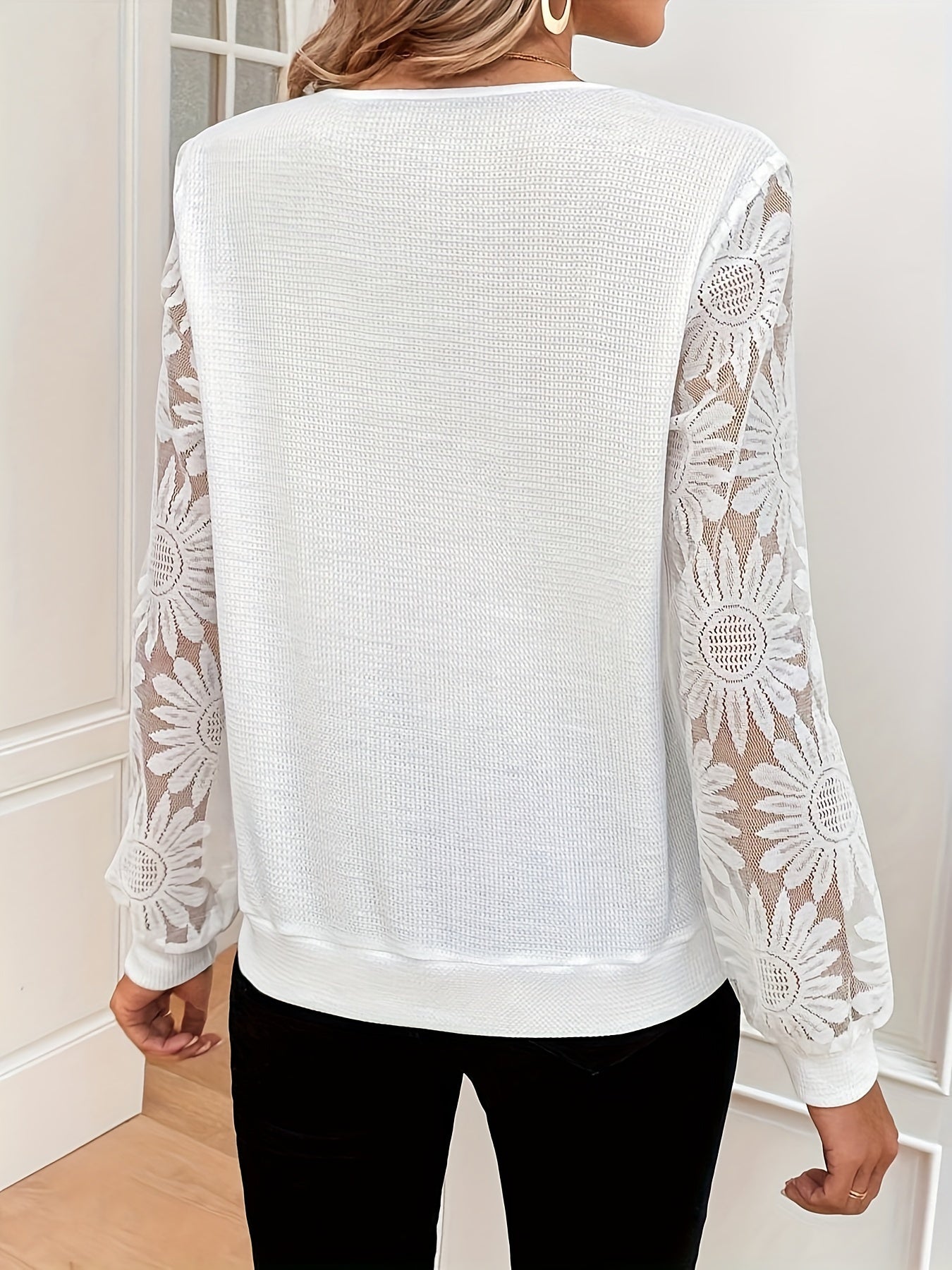 V Neck Long Length Top - Elegant Splicing Loose Fit, Contrast Lace Detail, Long Sleeve