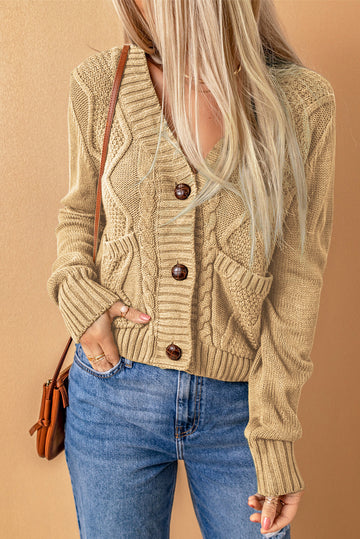Beige Front Pockets Buttons Textured Cardigan