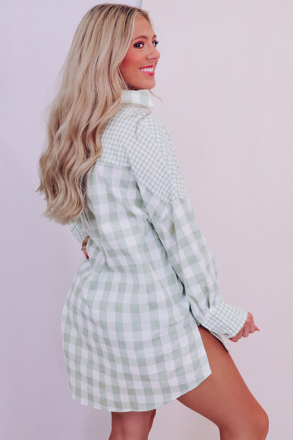 Green Mix Checked Patchwork Long Sleeve Shirt