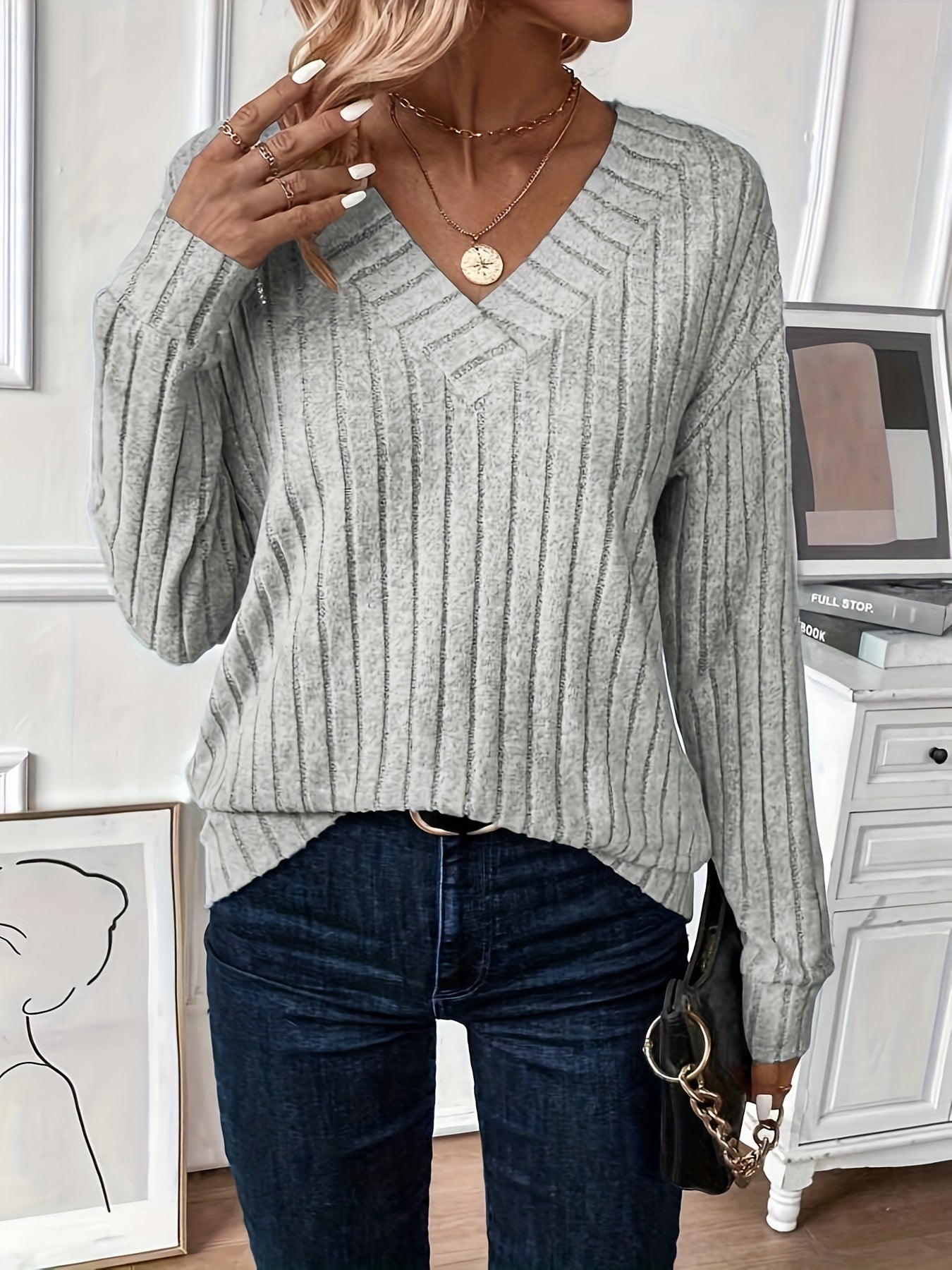 Solid Color V Neck T-Shirt, Casual Long Sleeve Ribbed Top