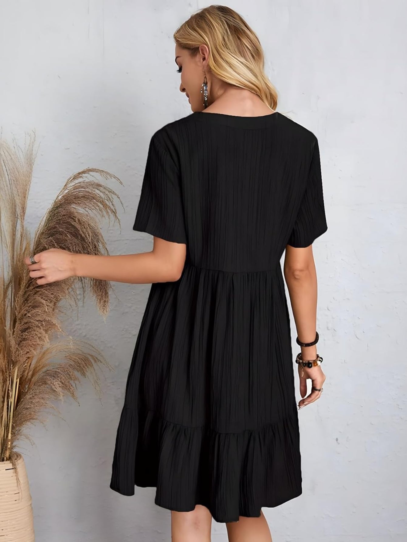 Short Sleeve V Neck Ruffle Mid Dress
