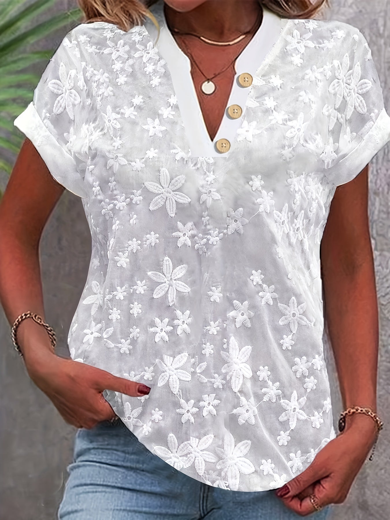 V-Neckline Comfortable Short Sleeves Classic Button Front Closure Relaxed Fit Embroidered Blouse