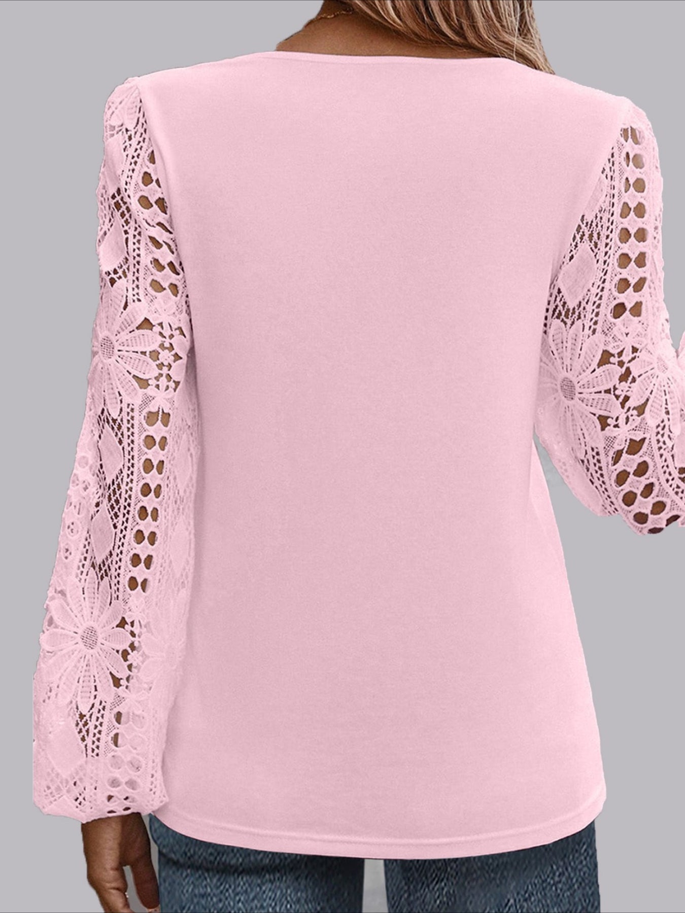 Eyelet Casual Solid Color Regular Long Sleeve Asymmetrical Lace Patchwork Tops