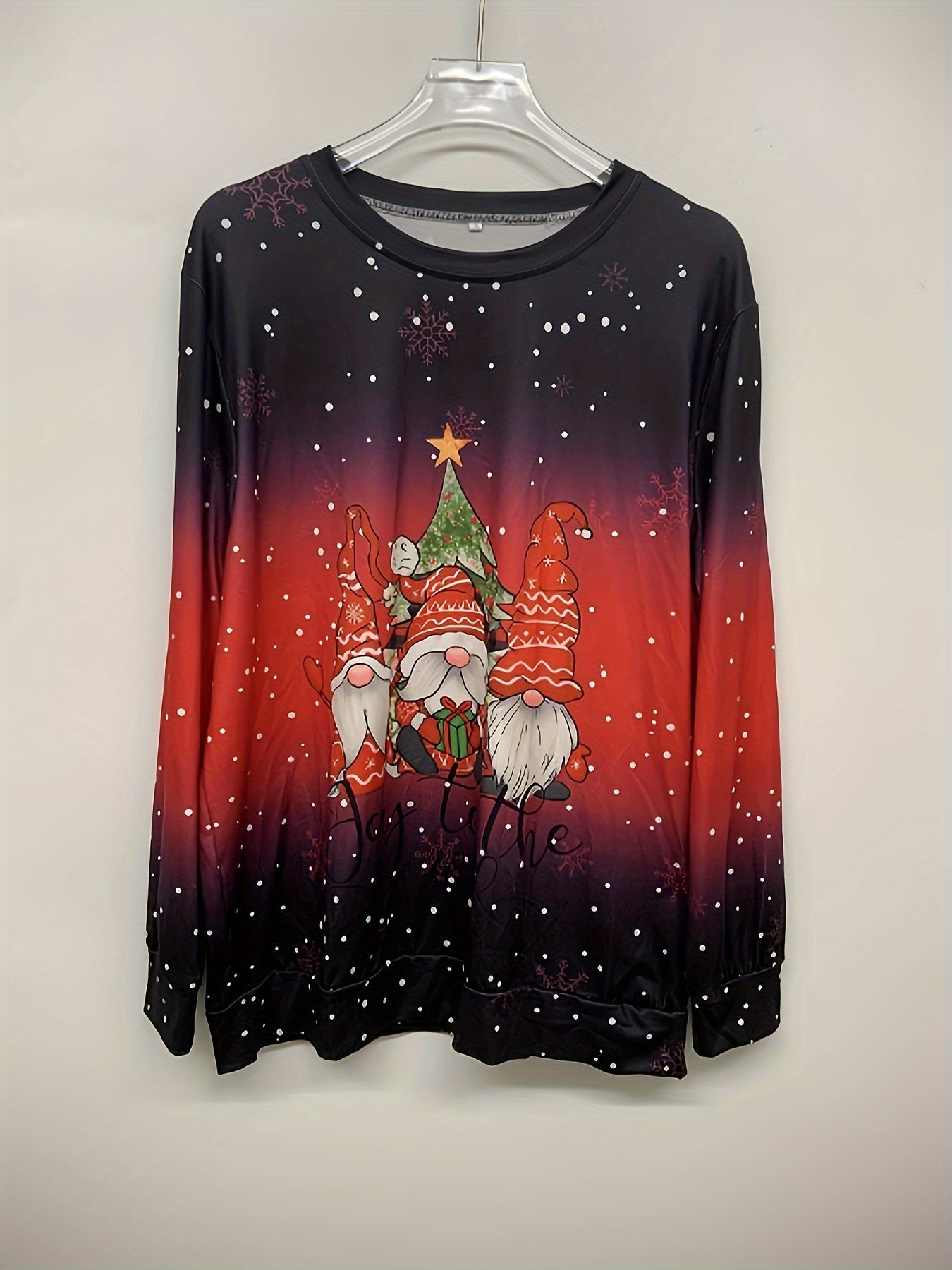 Christmas Top, Women's Christmas Dwarf & Slogan Print Ombre Long Sleeve Round Neck Slight Stretch Top