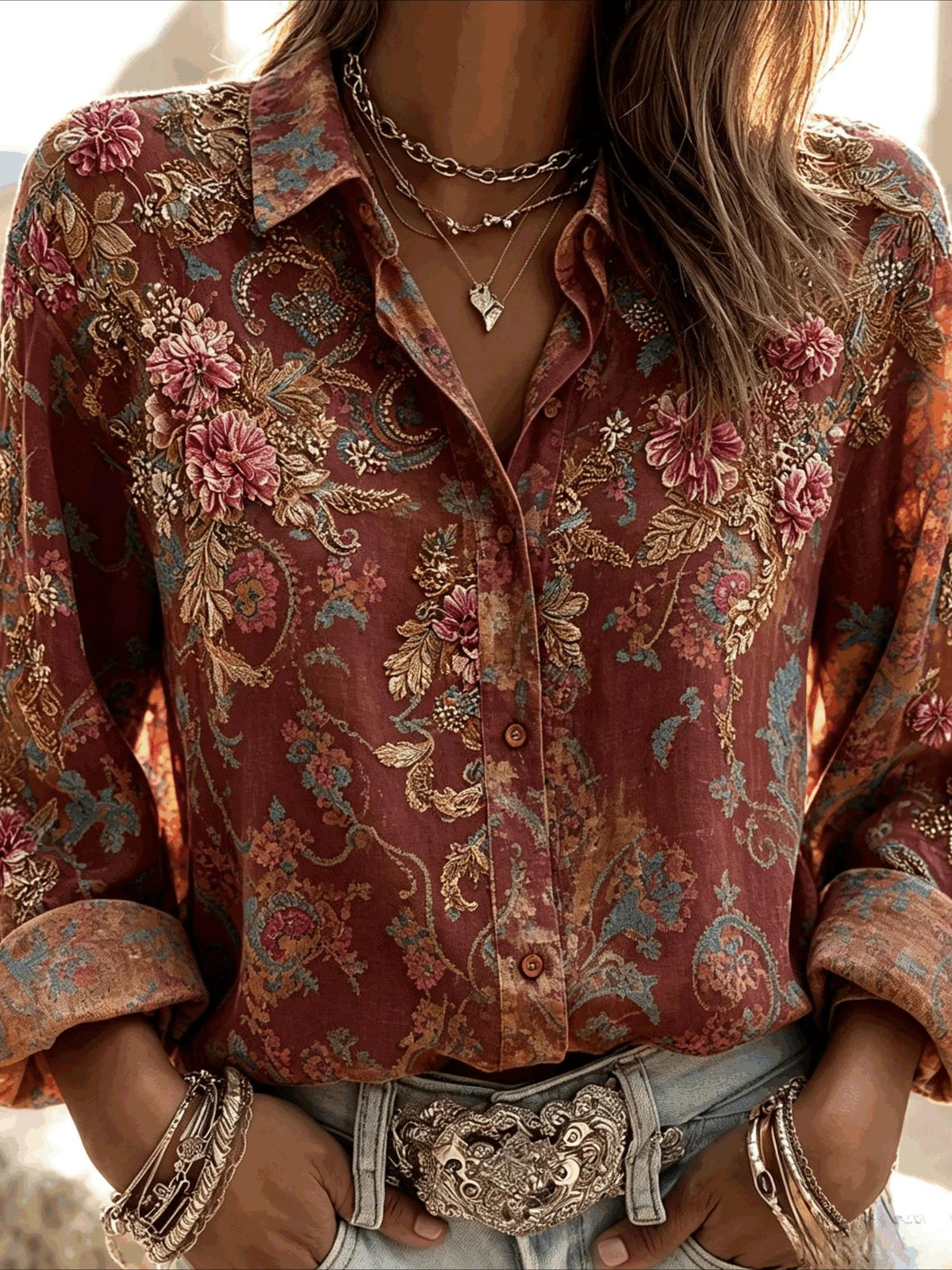 Flower Prints Shirt Collar Casual Long Sleeve Blouse