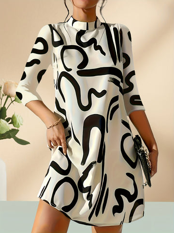 Abstract Print 3/4 Sleeve Dress, Casual Mock Neck Simple Dress