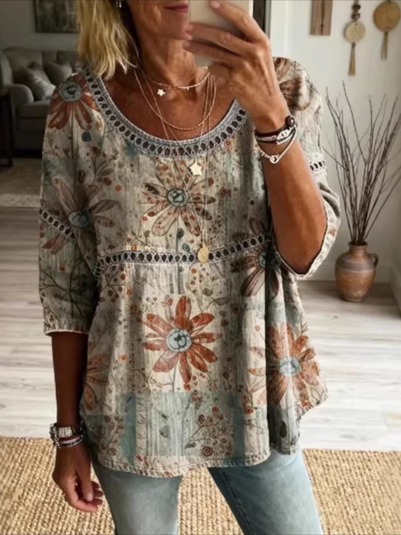 Printed Mid Sleeve Pleated Round Neck Top