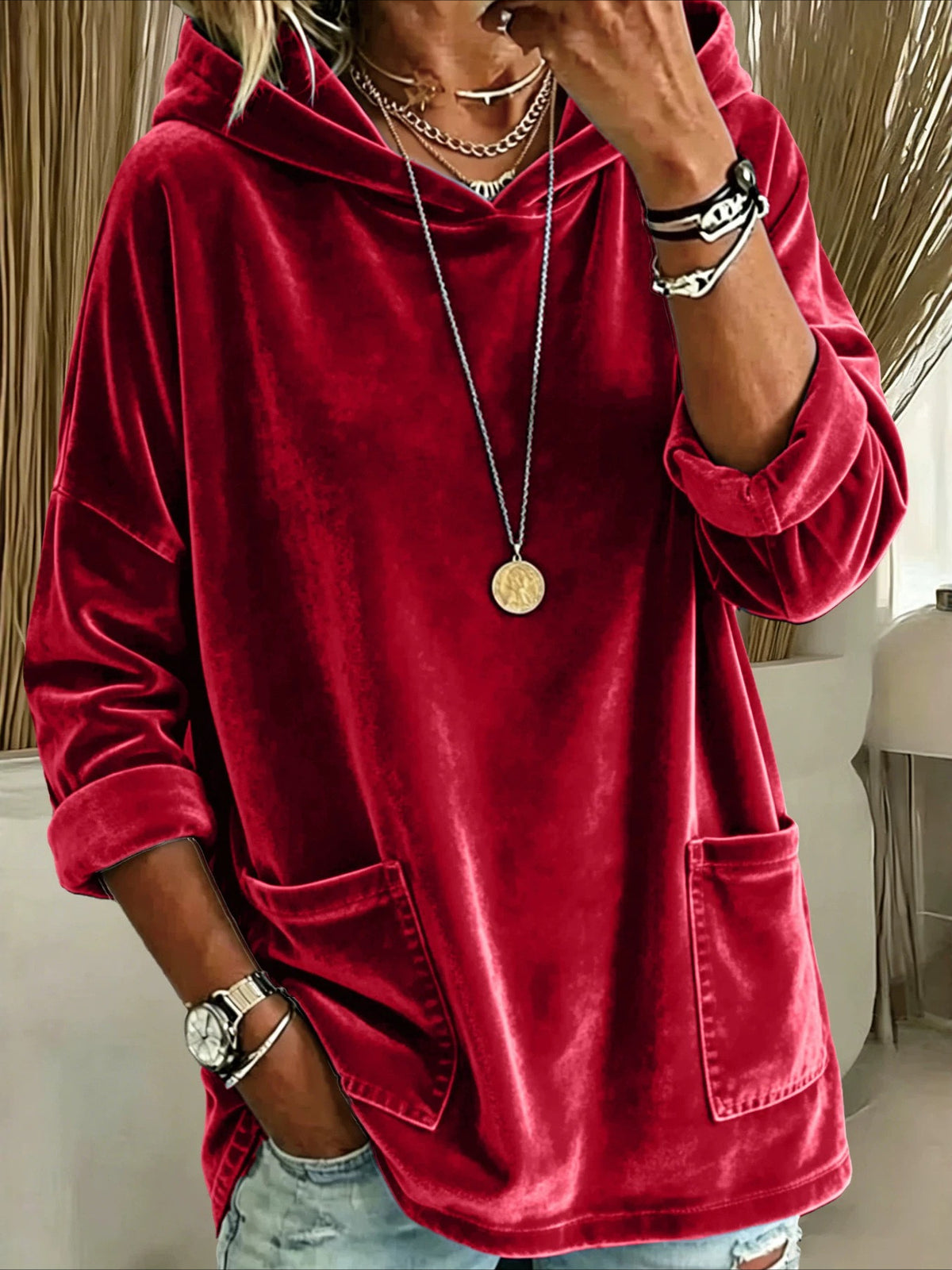 Relaxed Fit Long Sleeve Velvet Hoodie with Pockets