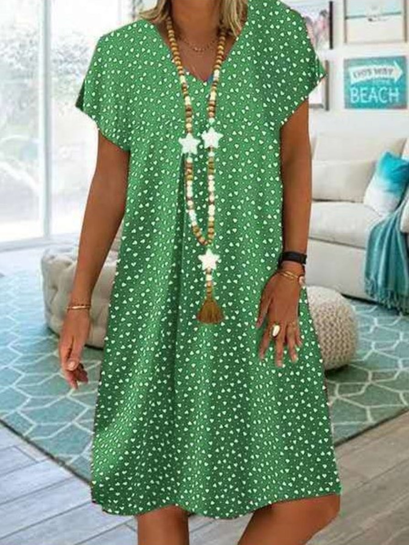 Polka Dot & Heart Print Dress, Casual V Neck Short Sleeve Dress