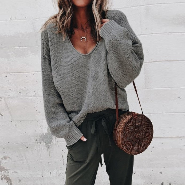 Solid Color V Neck Sweater, Casual Long Sleeve Sweater