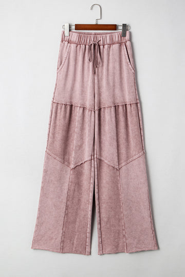 Straw Yellow Mineral Wash Tiered Wide Leg Patchwork Drawstring Pants