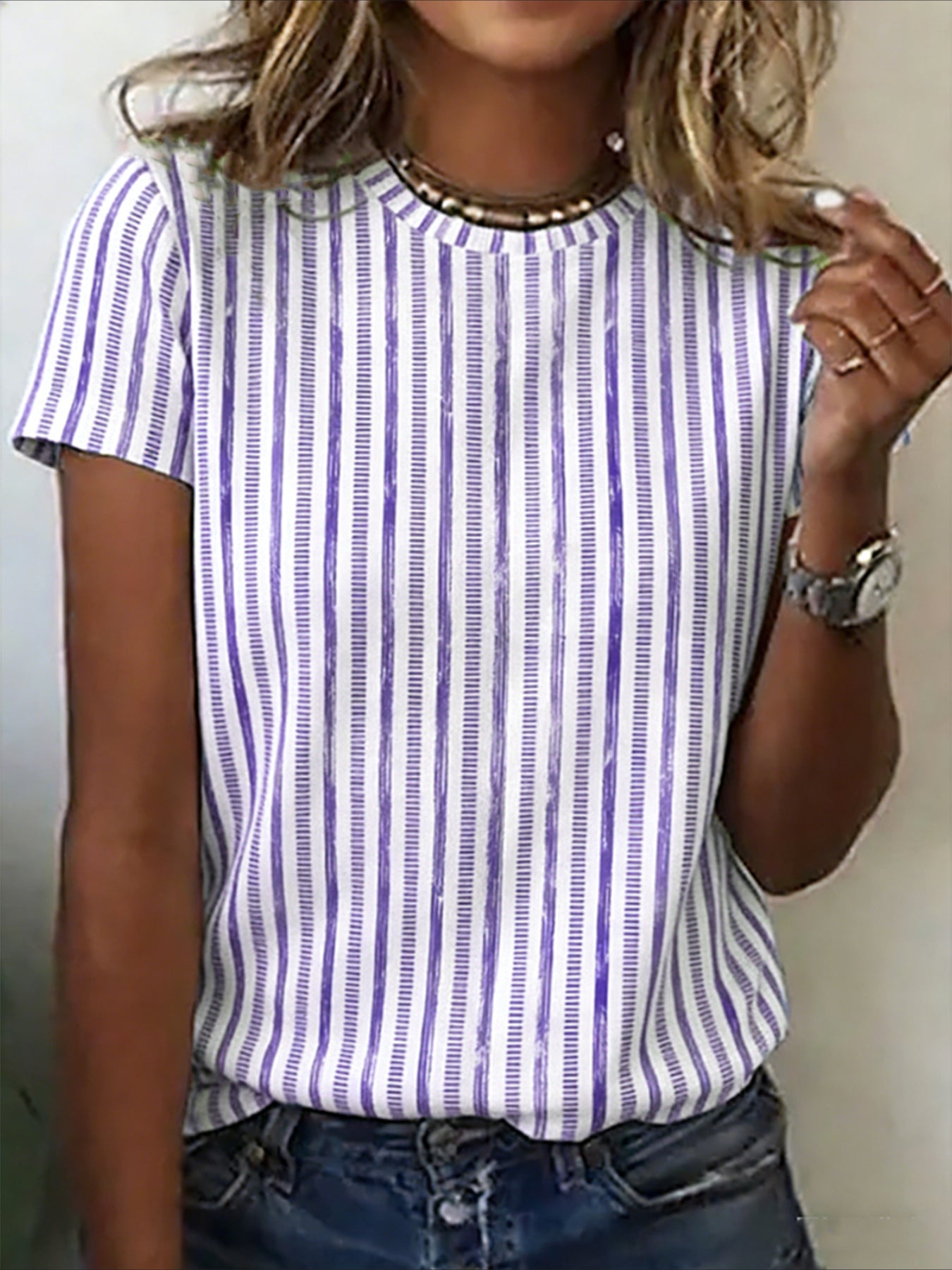 Striped Crew Neck Short Sleeve Casual T-shirt