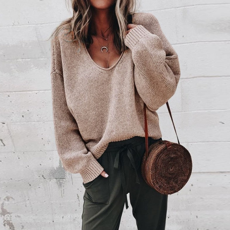 Solid Color V Neck Sweater, Casual Long Sleeve Sweater