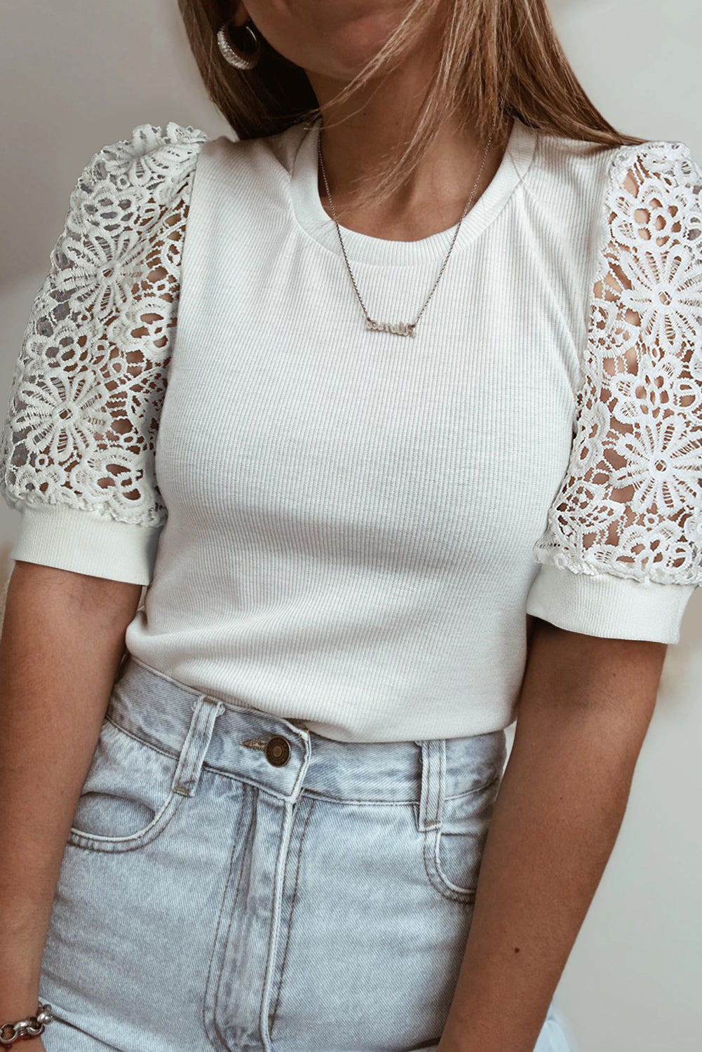 White Lace Floral Patchwork Ribbed Knit Half Sleeve T Shirt