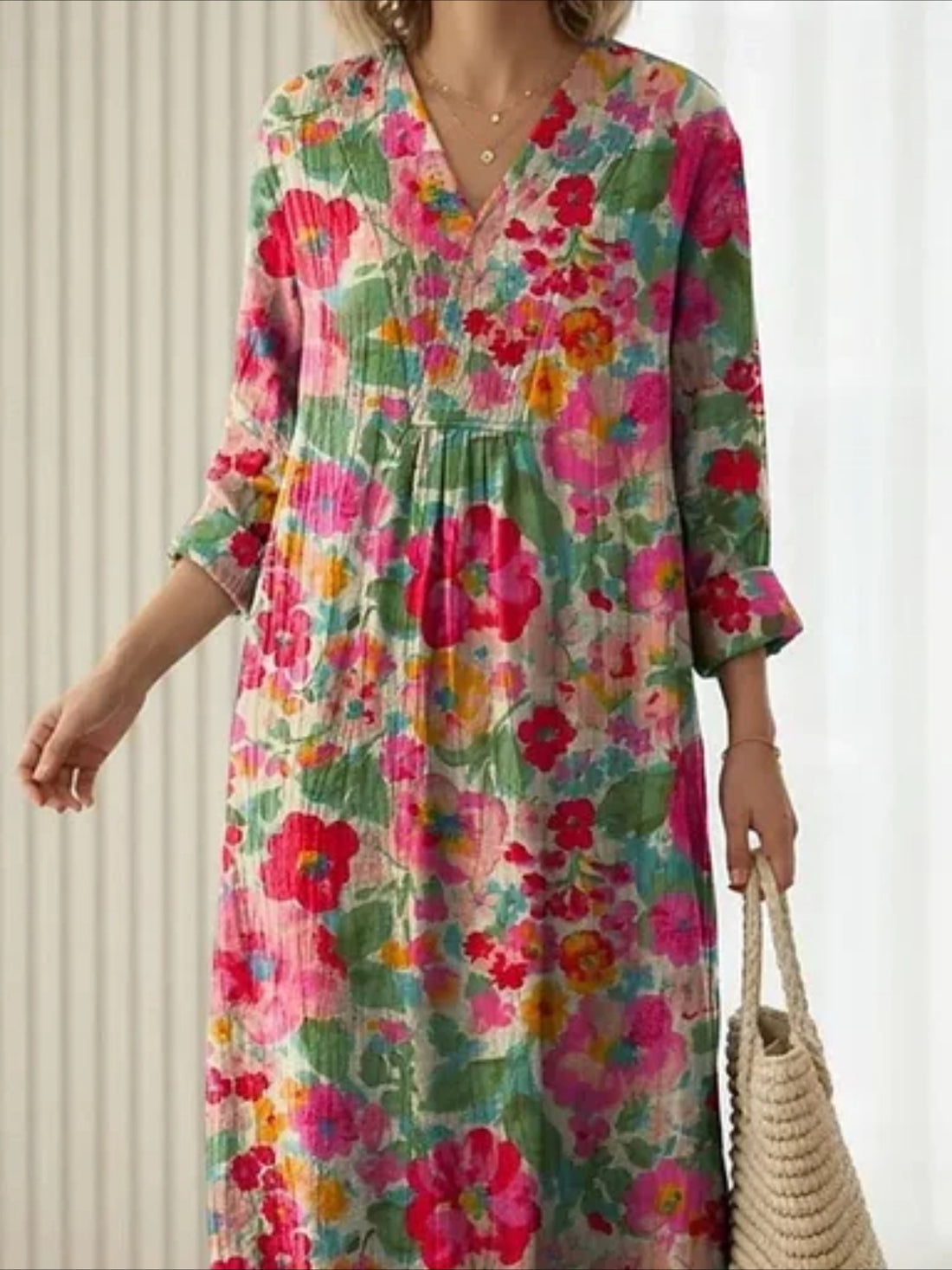 Linen Blend V Neck Casual Dress