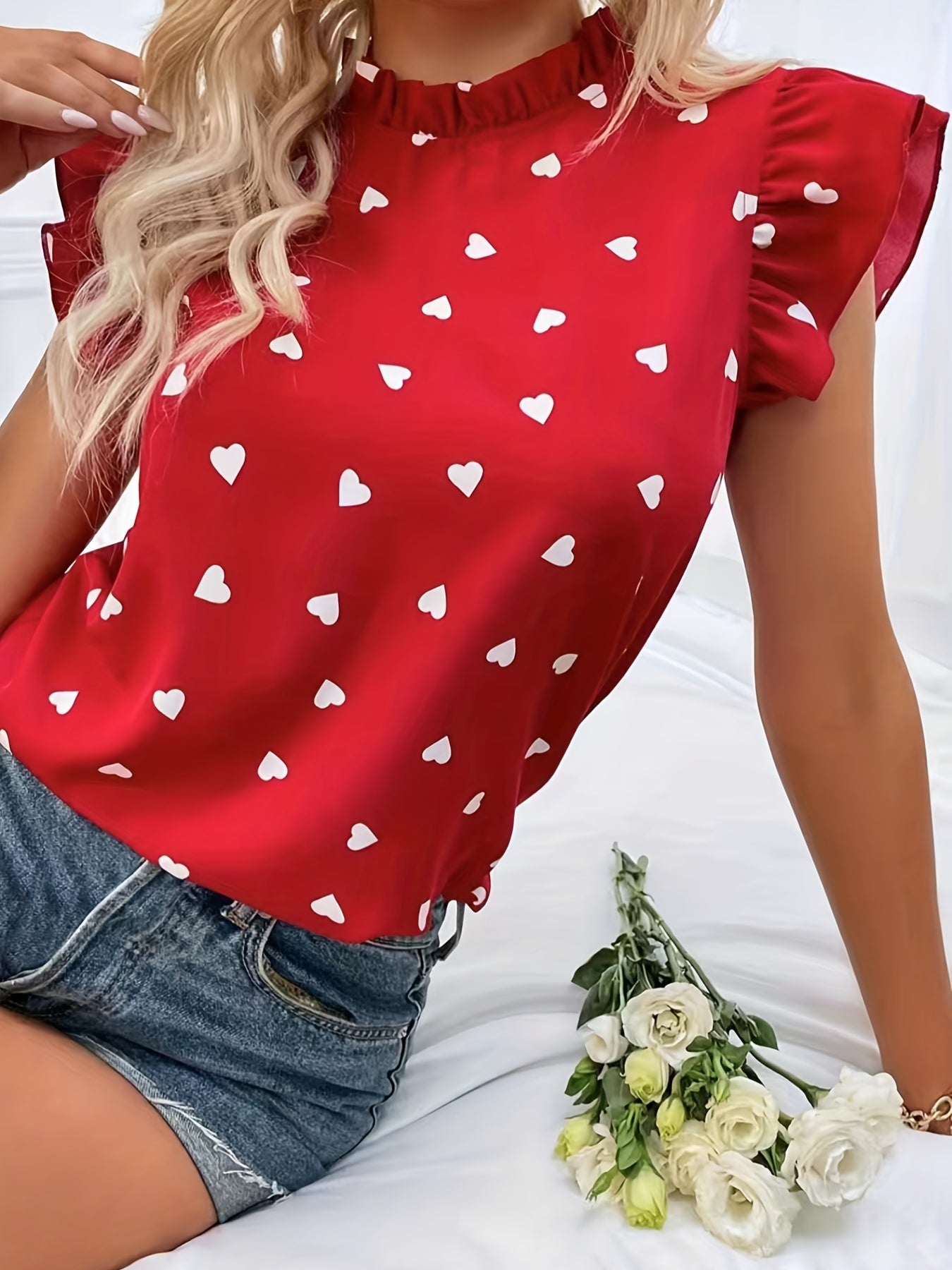 Heart Print Ruffle Trim Blouse, Casual Pleated Crew Neck Blouse